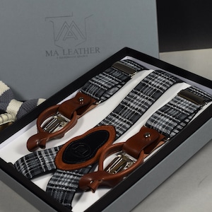 Suspenders Black Grey Scottish Pattern MA Genuine Leather Men High Elastic Clips + Button Braces Mod. T28 Handmade in Spain gift husband
