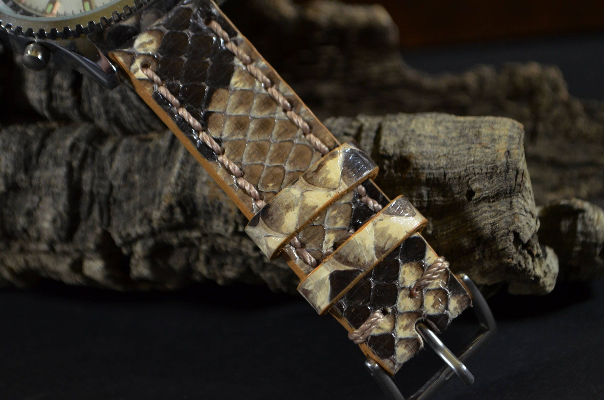 Genuine Python Snake Skin Watch Strap 22mm 20mm 18mm, Beige Shiny