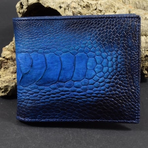 Portafoglio Bifold con Tasca Portamonete Uomo Blu Fantasia Vera Pelle di Struzzo Fatto a Mano dall'atelier Mansarea Roma 50