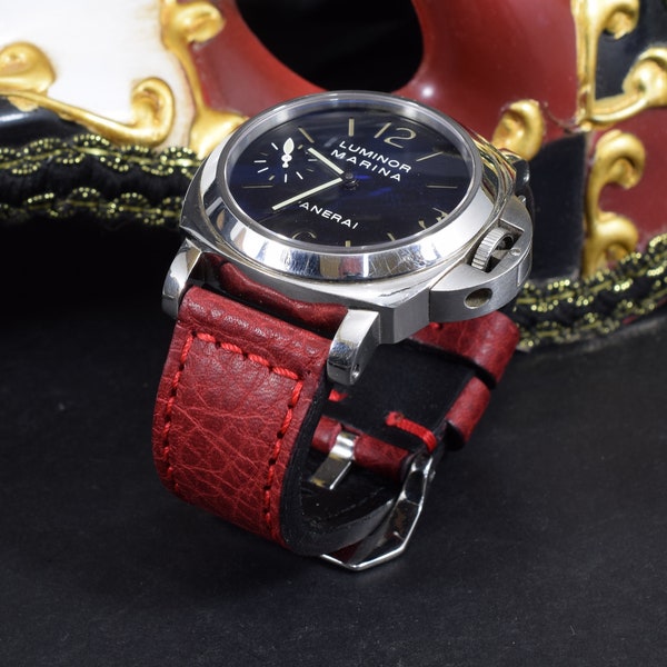 Bracelet de montre MA 26 24, 22 mm Rouge I Cuir de veau véritable vintage pour Panerai, etc. Fait main en Espagne