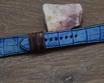 Bracelet Cuir Véritable ROCHET 22mm Bleu Marine - Façon Alligator, Fait Main En France