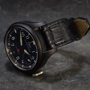 MA 時計ストラップ ブラック マットバンド IWC パイロットスタイル 本物のアリゲータースキン ハンドメイド スペイン