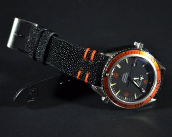 Handmade Black Genuine Stingray skin Watch Strap - Orange Stitch, 22 20 18mm