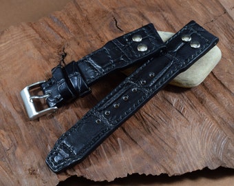 Handmade Black Genuine Alligator Watch Strap 20/18-115/75 mm, IWC Pilot Style (044)