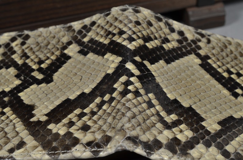 May include: Close-up of a snakeskin pattern with black and white scales. The scales are arranged in a diamond pattern.
