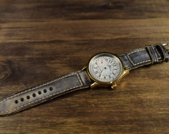 Cinturino Orologio In Pelle Fatta A Mano, Look Vintage Militare, Misura 16-22 Mm #158