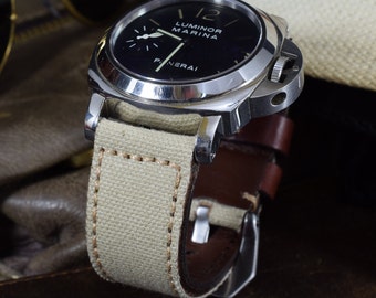 Beige I Canvas Watch Strap, Calf Leather Band, Handmade in Spain 26 24 22mm