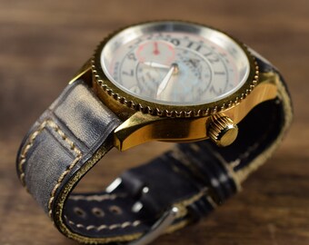 Handgefertigtes Vintage Leder Uhrenarmband, Colorum Schwarz Beige 18 20 22 mm