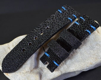 Handmade Genuine Stingray skin Leather Watch Strap, Black & Blue, 26 24 22 mm