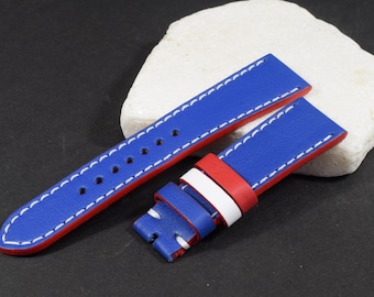 Handgefertigtes Frankreich Flagge Uhrenarmband: Kalbsleder 24/20-115/75 + 130/80 mm (464-467)