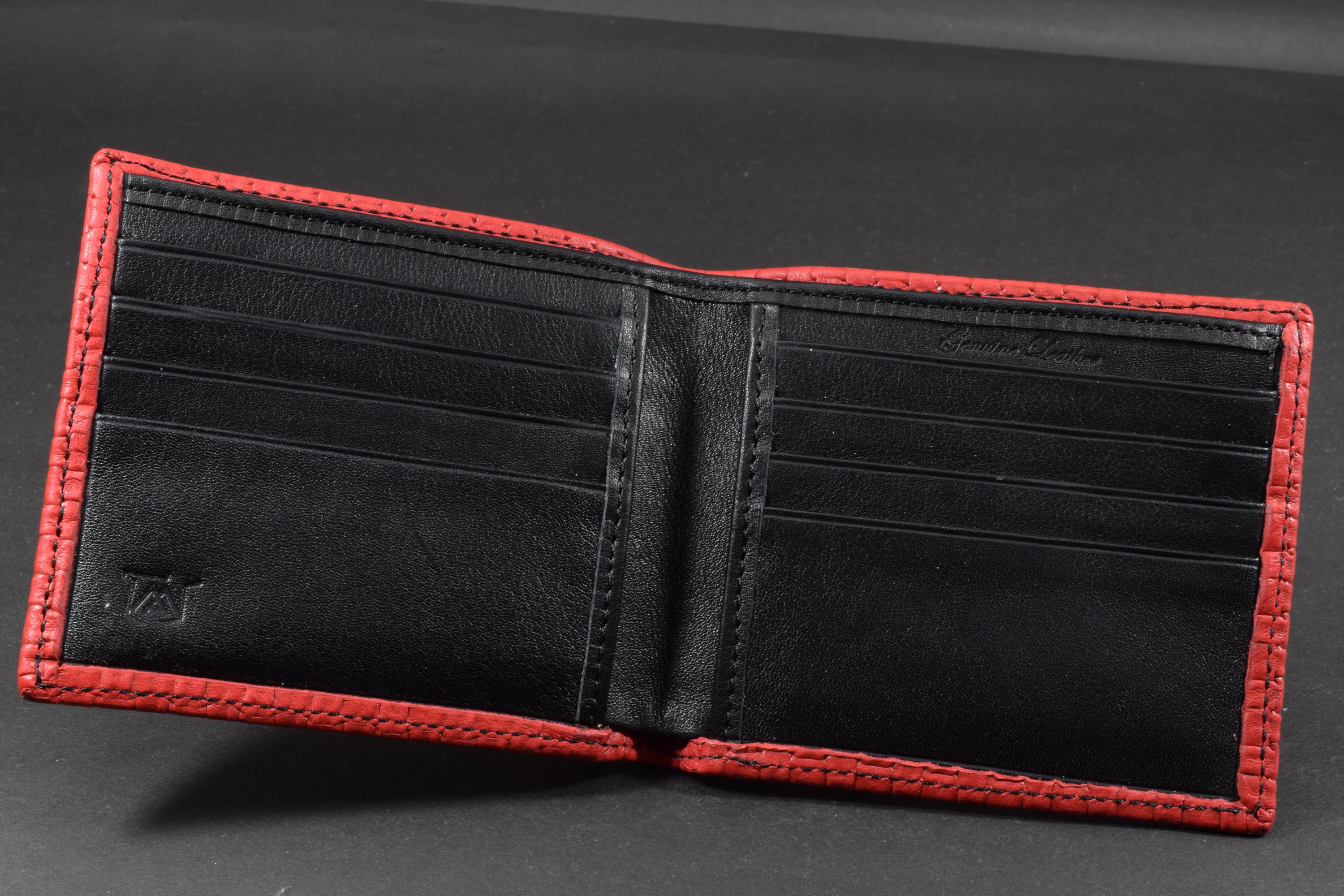 Cartera de hombre plegable de piel de becerro auténtica roja