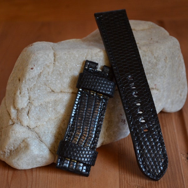 MA watch strap 22 20 18 mm Genuine Lizard skin Black shiny fits Rolex Omega Breiling etc