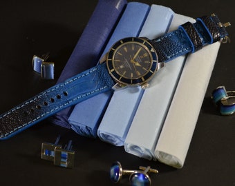 Fantasy Blue Genuine Ostrich Leg skin Watch Strap 26 24 22 mm, Handmade Band
