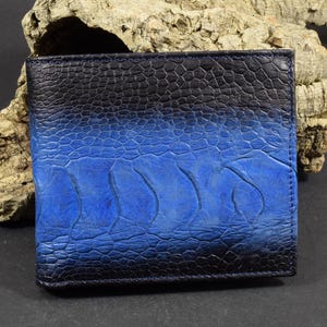 Portafoglio Bifold con Tasca Portamonete Uomo Blu Fantasia Vera Pelle di Struzzo Fatto a Mano dall'atelier Mansarea Roma 49