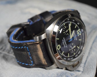 MA watch strap 26 24 22 mm Colorum Black Blue Genuine Calf Vintage Leather Band fits Panerai Breitling etc