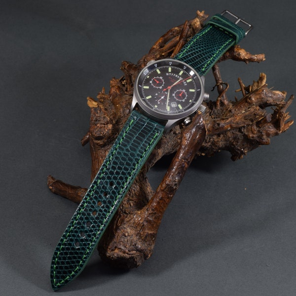 MA watch strap 22 20 18 mm Genuine Lizard skin Band Green Shiny for the most common watches Handmade Spain