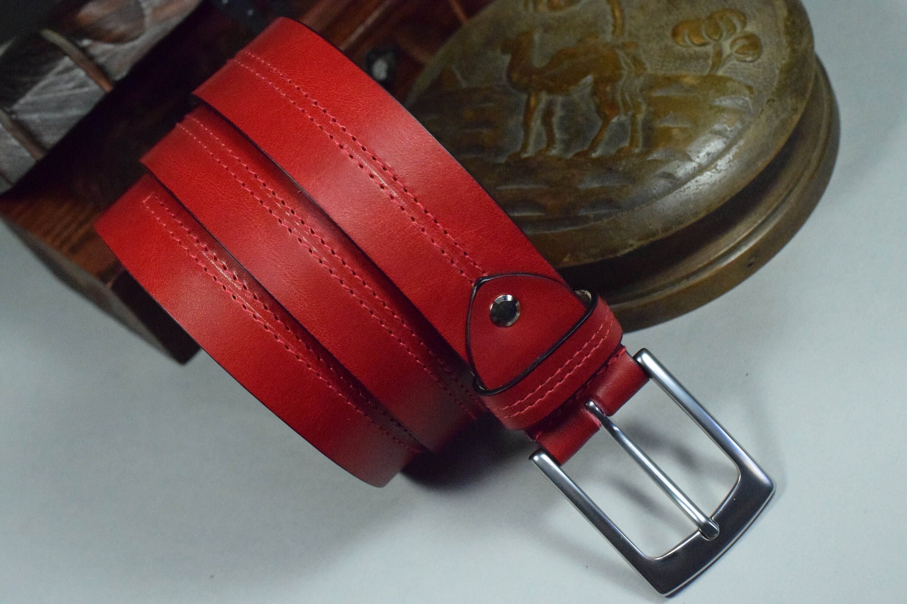 Buy MA Leather Belt Men 35 Mm Sutura Red Handmade Genuine Calf 