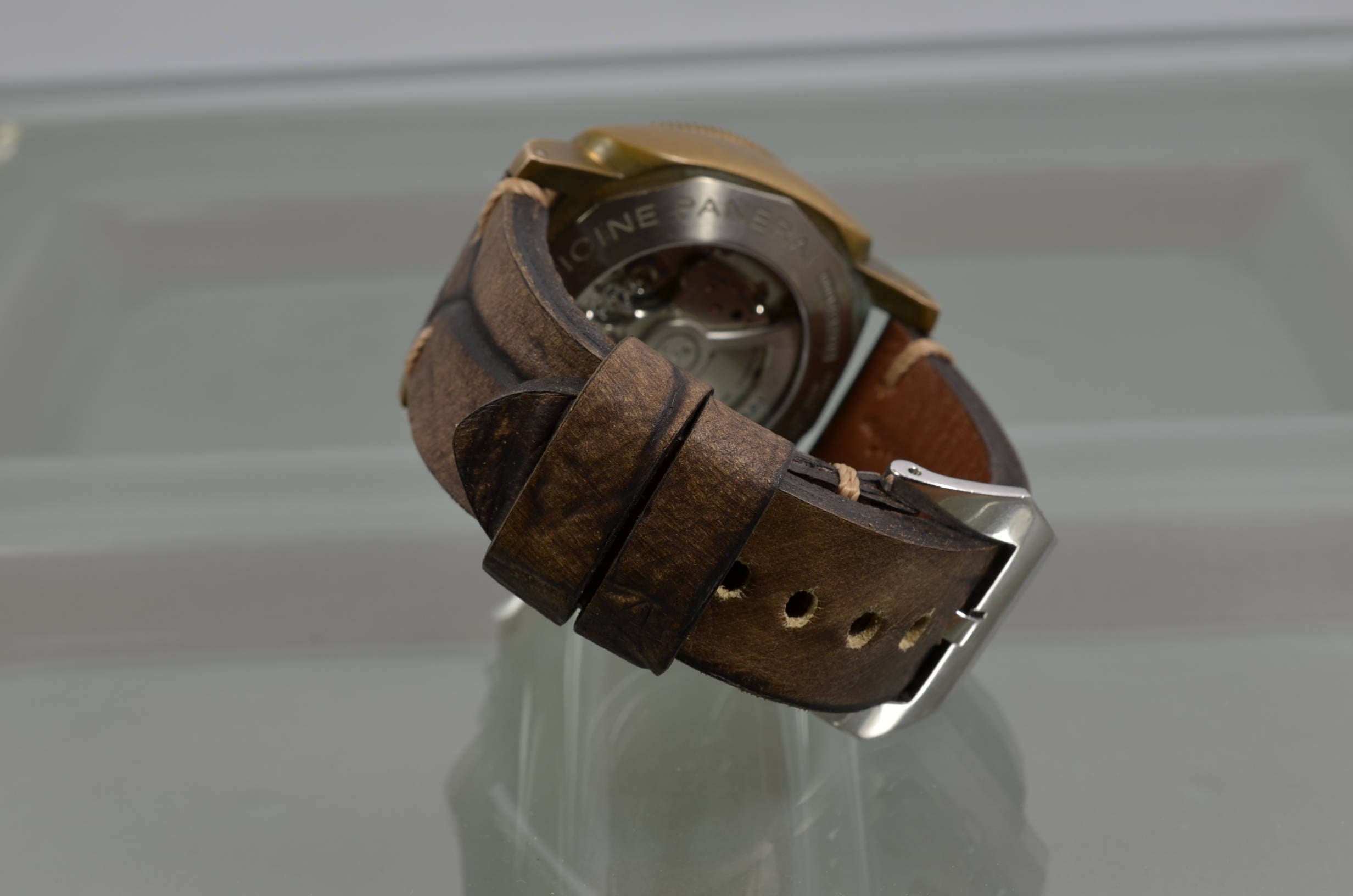 Cinturino In Vera Pelle Di Struzzo Per Panerai, Marrone, Misure 22/24/26 Mm, Look Casual