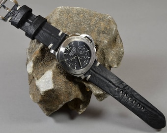 Pulseira de relógio MA preta Ferus IV 26/24/22 mm em couro de bezerro genuíno vintage compatível com Panerai Breitling Omega etc.