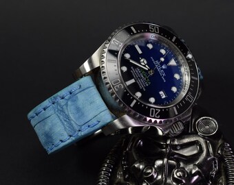 Aquamarine Genuine Alligator with Nubuck Finish Watch Strap, Handmade Leather Band