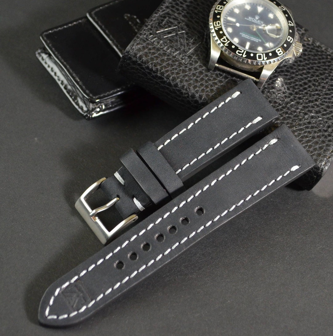 Cinturino Orologio 22/20 Mm In Pelle Nera Artigianale – Fatto A Mano, Personalizzabile - Foto 3