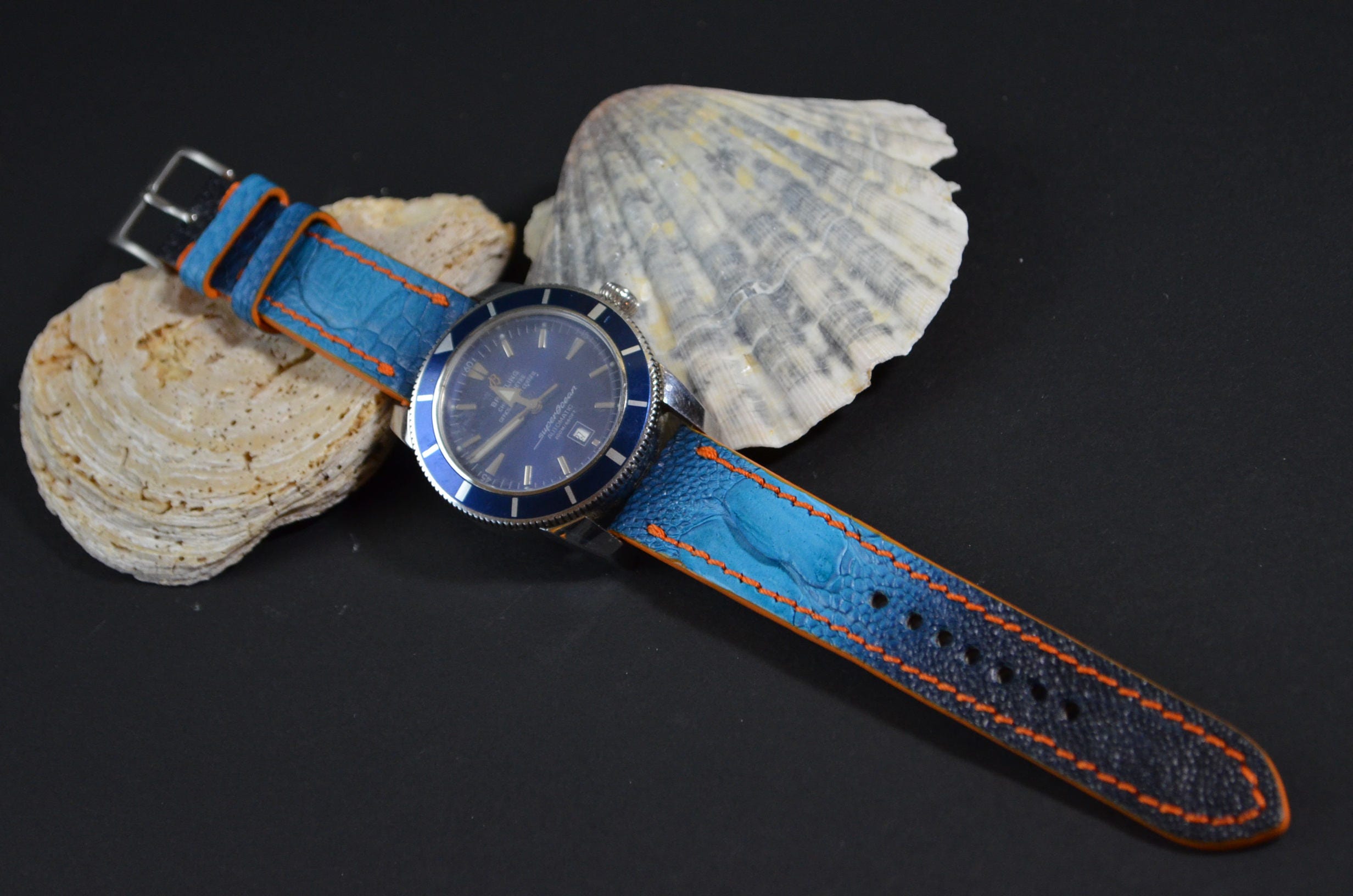 Cinturino In Pelle Di Struzzo Blu Per Orologio, Misure 18-26mm, Artigianale Vietnam
