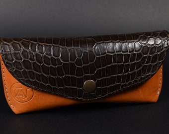 Glasses Travel Case Brown Ray Ban Style Luxury Genuine Gator skin - Leather Combination gift for him her dad mum handmade in Spain