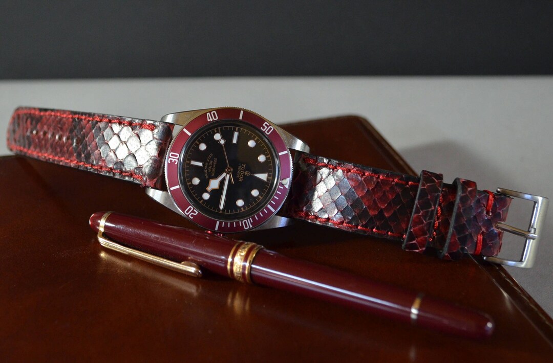 Burgundy Genuine Python Skin Watch Strap: 22 20 18 Mm, Handmade Leather ...