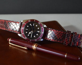 Burgundy Genuine Python skin Watch Strap: 22 20 18 mm, Handmade Leather Band