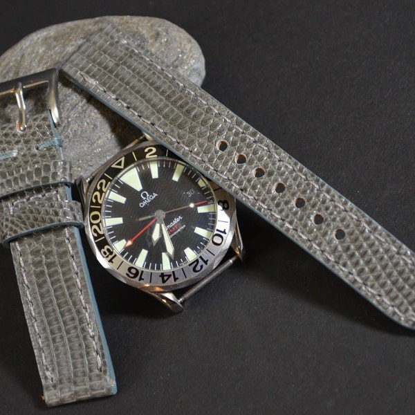 MA watch strap 22 20 18 mm Genuine Lizard skin Band Grey Shiny fits Rolex Omega Tudor Seiko etc Handmade Spain
