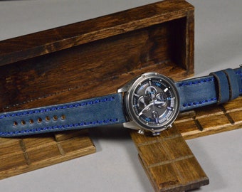 MA watch strap  22 20 18 mm Niebla 3 Blue Genuine Leather Handmade Vintage Band fits Breitling Rolex Omega Citizen etc