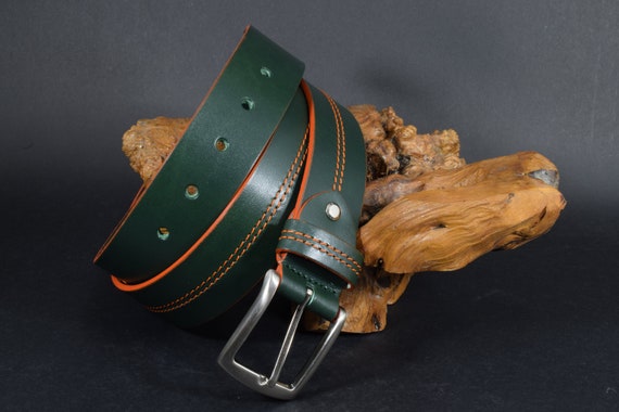 MA Leather Belt Men Sutura Green Orange 35 Mm Handmade Genuine  