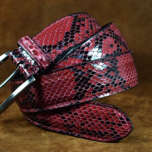 Può includere: Una cintura in pelle di serpente rossa e nera con una fibbia argentata.