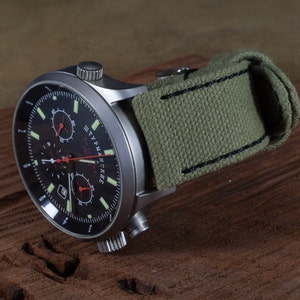 Grönt IV-klockarmband i kanvas, dubbelt rullade kanter, 22 20 18 mm, handgjort