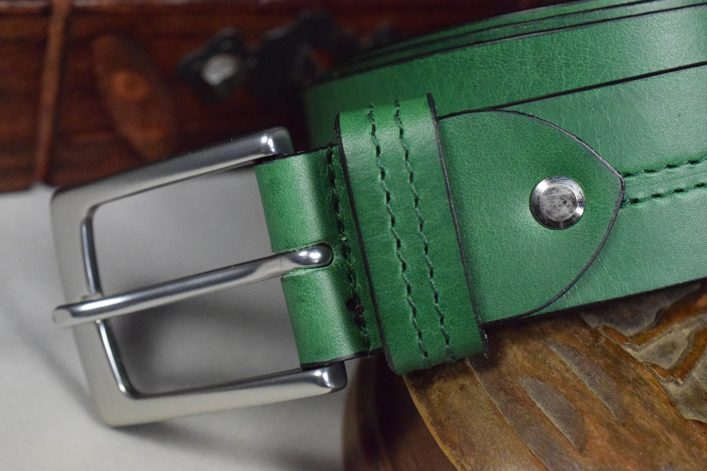 Liquid Leather Green Genuine Leather Belt Size S Green Suede Double Prong Leather Belt 40mm | TheGoodBelts main image 4
