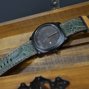 MA 時計ストラップ 26 24 22 mm 純正 ダチョウ脚 スキン グリーン - ハバナブラウン マット パネライ ブライトリング ロレックスなどに適合 ハンドメイド スペイン製