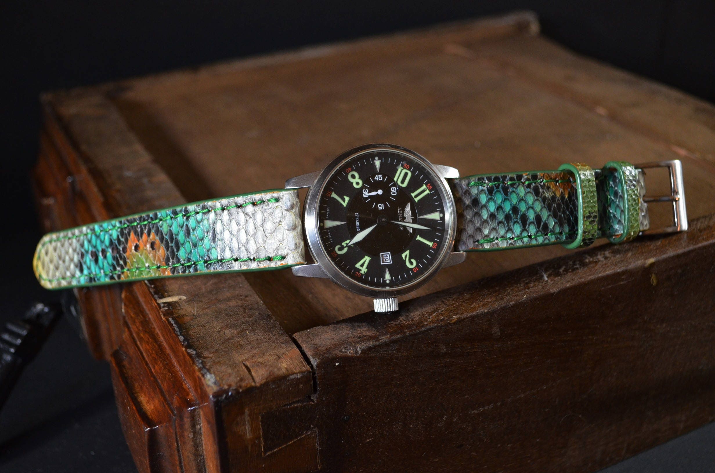 Green Genuine Python Skin Watch Strap, Fantasia 3, 22mm 20mm 18mm