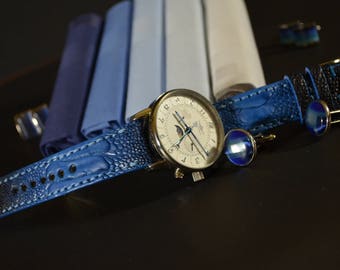 MA watch strap 22 20 18 mm Genuine Ostrich Leg Skin Matte Blue Phantasia fits Rolex Omega Classic Band Handmade Spain