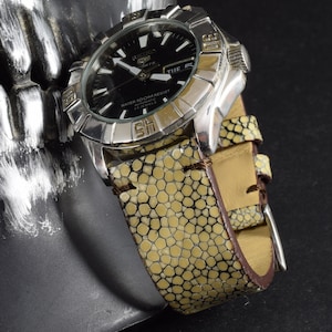 MA watch strap 22 20 18 mm Natural Beige - Black genuine Stingray skin Band Handmade Spain fits Breitling Rolex Omega etc