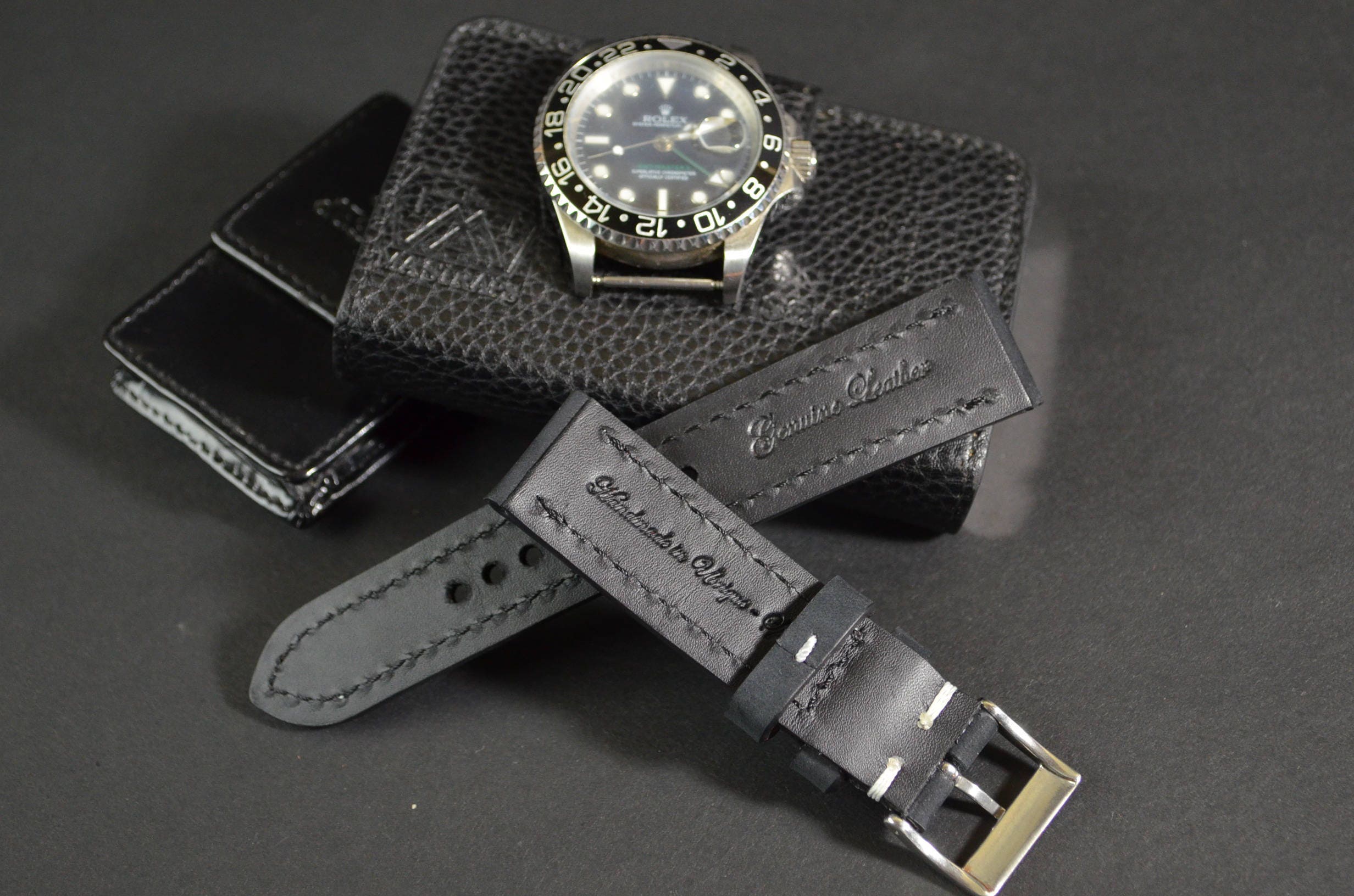 Cinturino Orologio 22/20 Mm In Pelle Nera Artigianale – Fatto A Mano, Personalizzabile - Foto 4