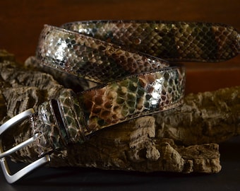 Handmade Genuine Python skin Leather Belt 35mm, Green Brown Africa Shiny