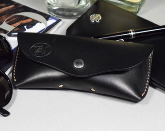 Handmade Black Leather Glasses Case - Travel Eyewear Protector