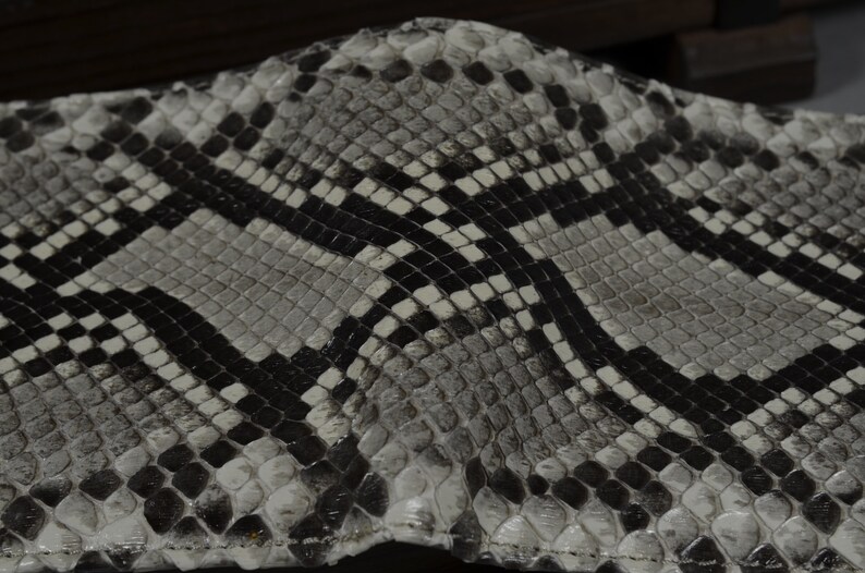 Pode incluir: Close-up de um padr&atilde;o de pele de cobra preto e branco. O padr&atilde;o &eacute; composto por pequenas escamas em forma de diamante.