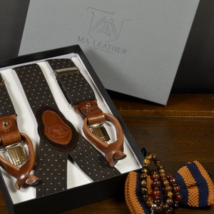 Suspenders Brown MA Genuine Leather Men High Elastic Button & Clips Braces Mod. T18 Handmade in Spain wedding gift for him husband dad