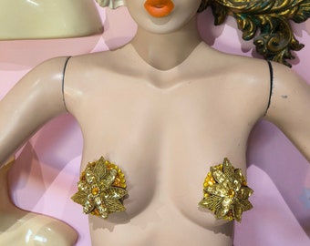 Burlesque Pasties Gold Flowers Strass