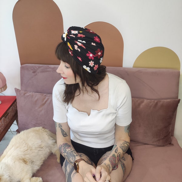 Turban Femme Coton Fait Main Fleurs Noir