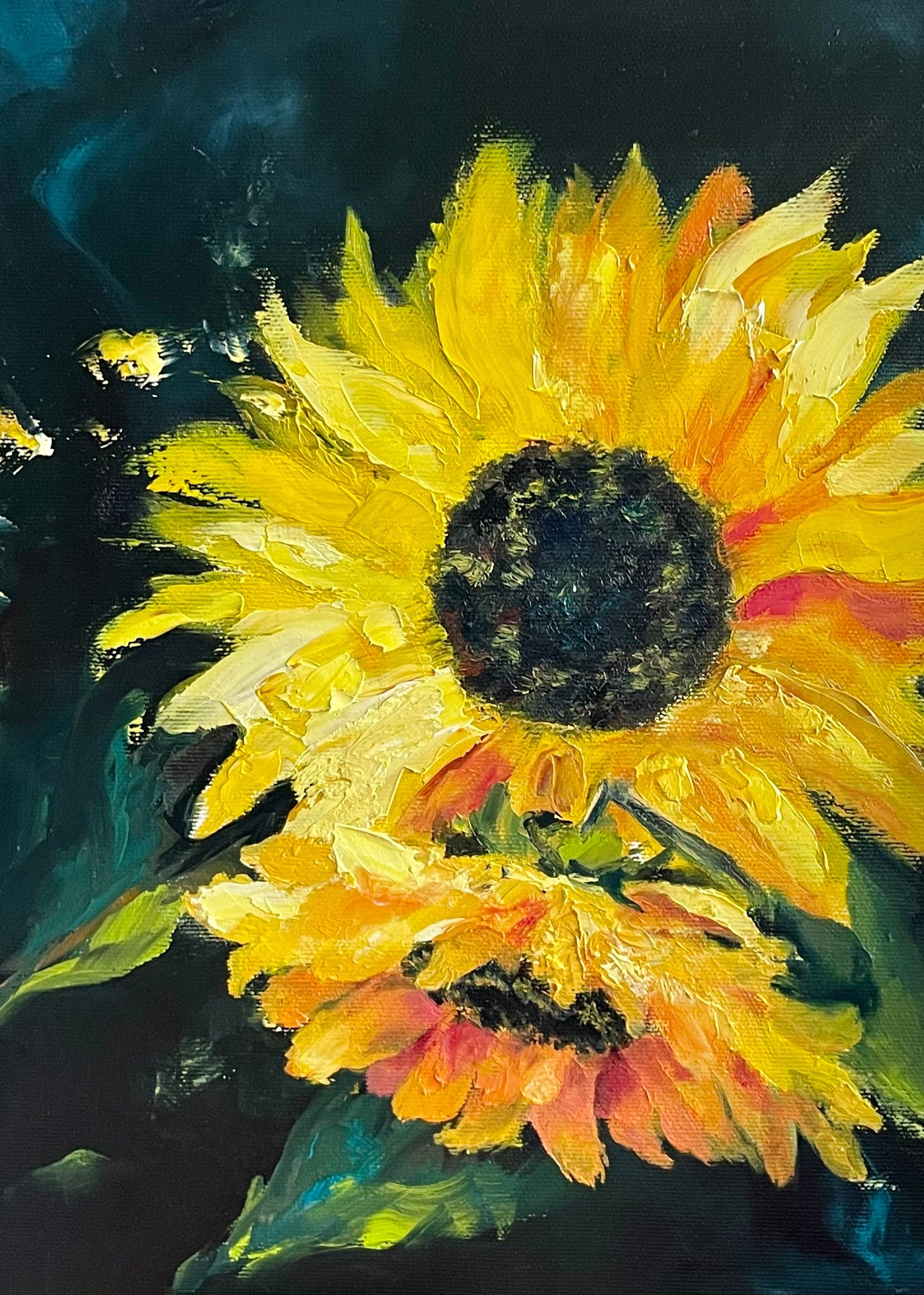 ひまわりの絵画。キャンバスに描かれた木枠、油彩、サイズ 30 x 40 cm