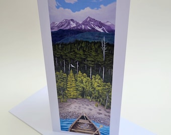 Canoe, Forest and Mountains Art Card // Blank Greeting Card