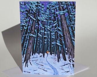 Nighttime Walk in Winter Forest Art Card // Winter Greeting Card // Holiday Art Card