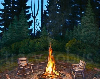 Campfire in Forest Canvas Giclee // Limited Edition Print